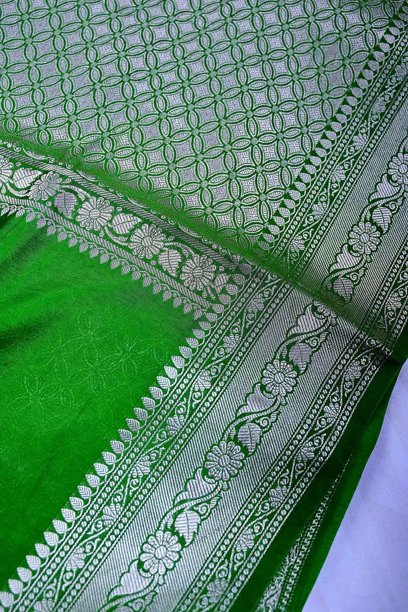 Bottle Green Banarasi Silk Saree with Ornate Silver Zari Floral Border(RLSS-199)