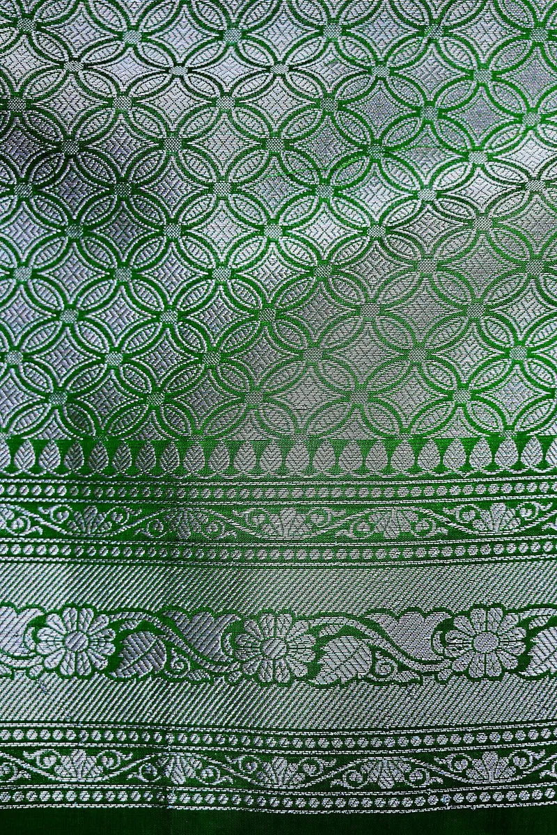 Bottle Green Banarasi Silk Saree with Ornate Silver Zari Floral Border(RLSS-199)