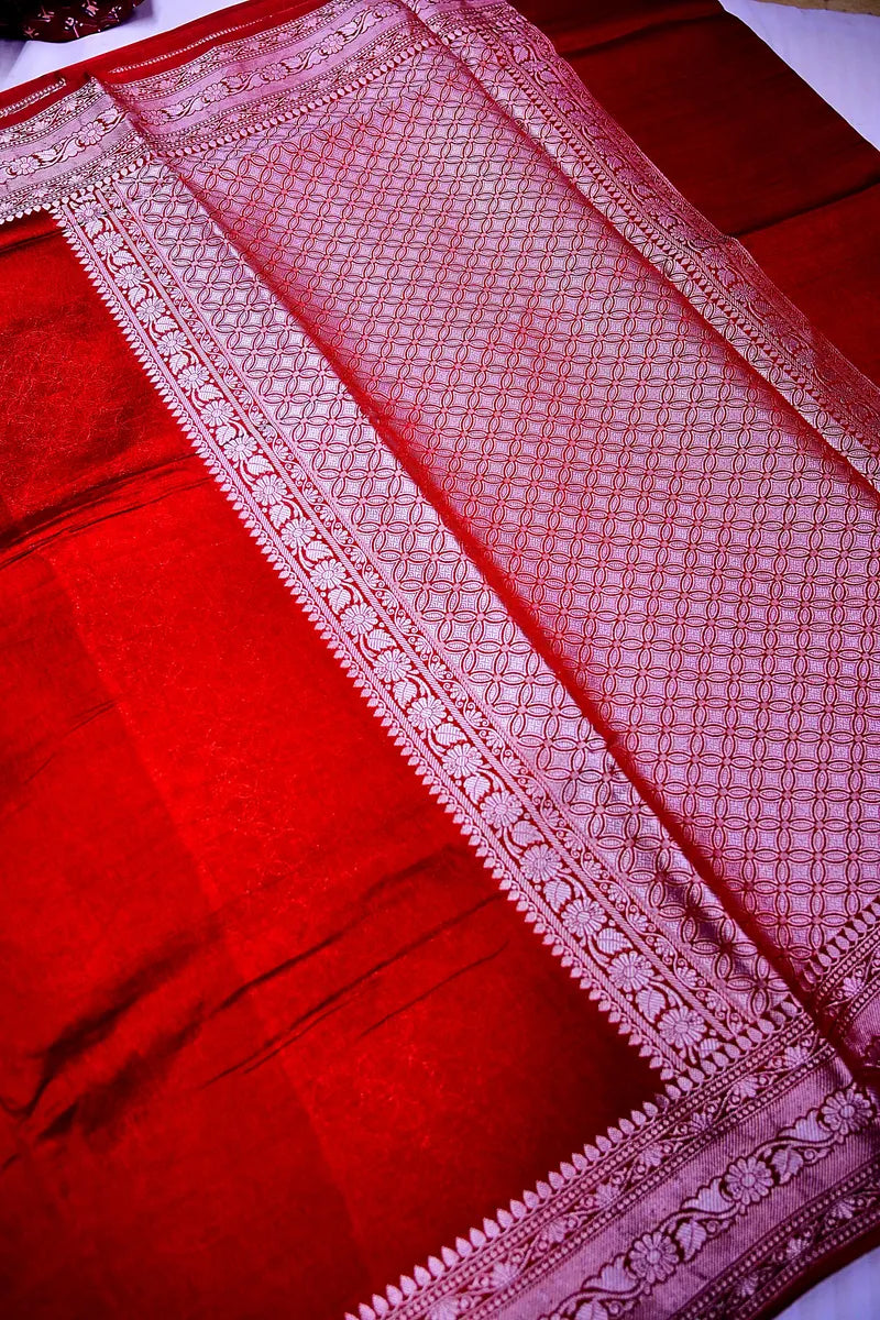 Deep Maroon Banarasi Silk Saree with Ornate Silver Zari Floral Border(RLSS-200)