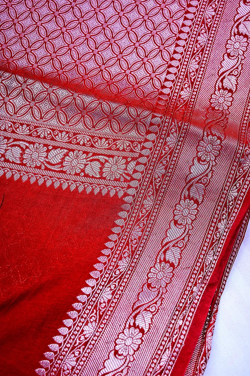 Deep Maroon Banarasi Silk Saree with Ornate Silver Zari Floral Border(RLSS-200)