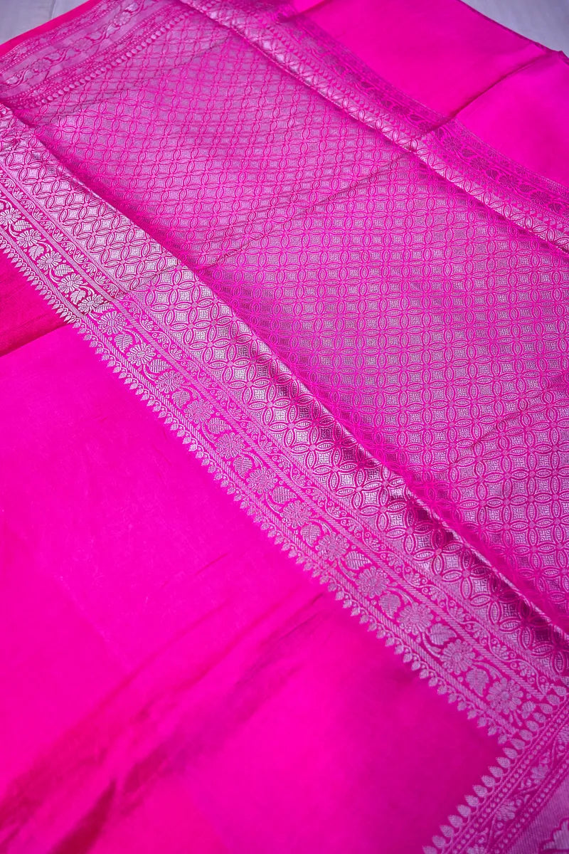 Rani Pink Banarasi Silk Saree with Antique Silver Zari Border(RLSS-201)