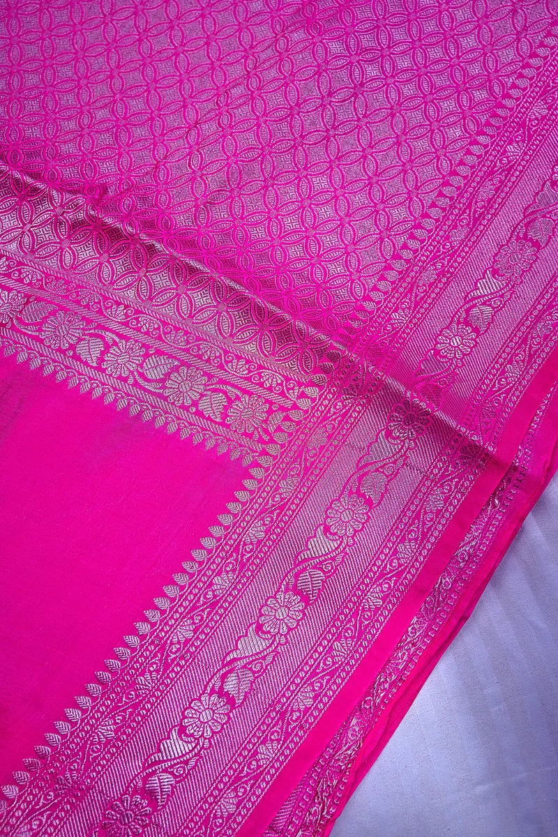 Rani Pink Banarasi Silk Saree with Antique Silver Zari Border(RLSS-201)