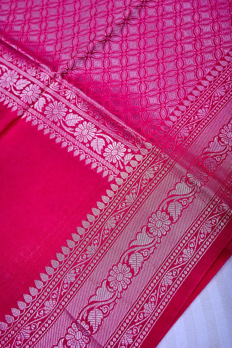 Bright Red Banarasi Silk Saree with Antique Silver Zari Border(RLSS-202)