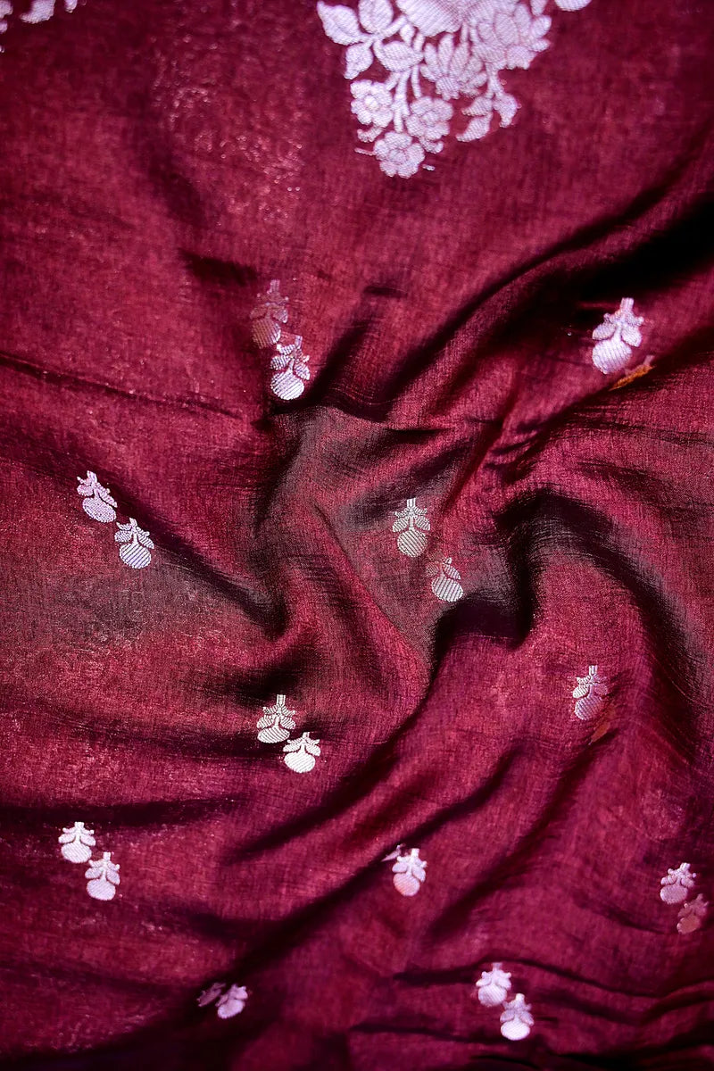 Deep Wine Banarasi Silk Saree with Silver Zari Floral Motifs & Vine Border(RLSS-204)