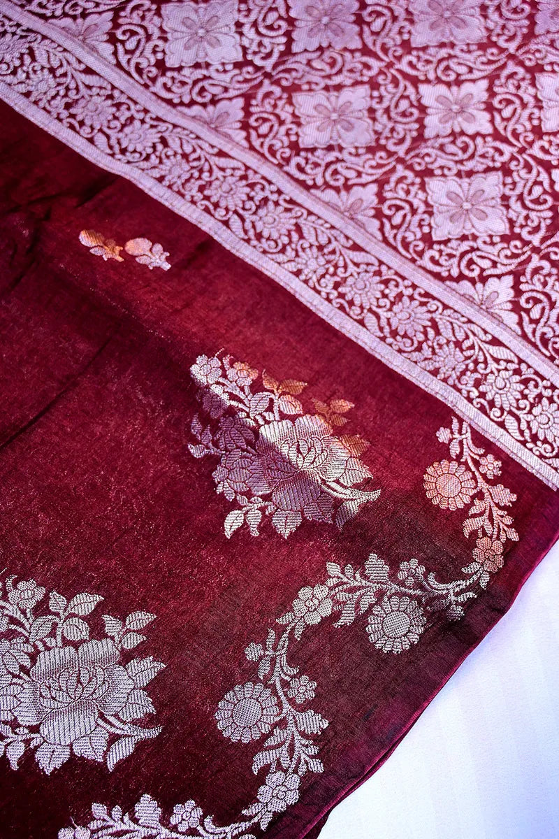 Deep Wine Banarasi Silk Saree with Silver Zari Floral Motifs & Vine Border(RLSS-204)