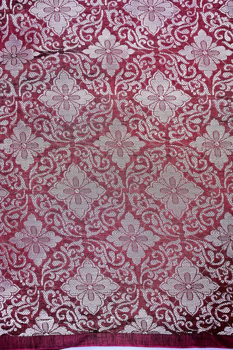 Deep Wine Banarasi Silk Saree with Silver Zari Floral Motifs & Vine Border(RLSS-204)