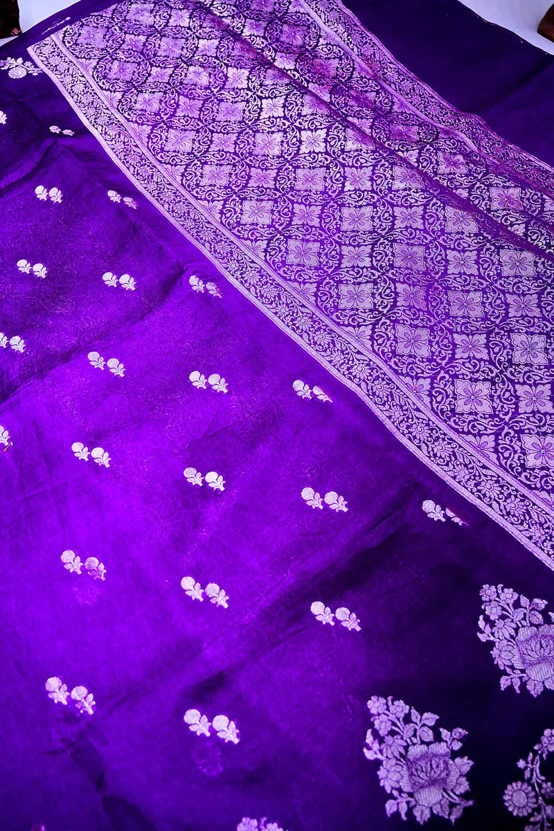 Vibrant Violet Silk Saree featuring Silver Zari Floral Brocade & Woven Border(RLSS-208)