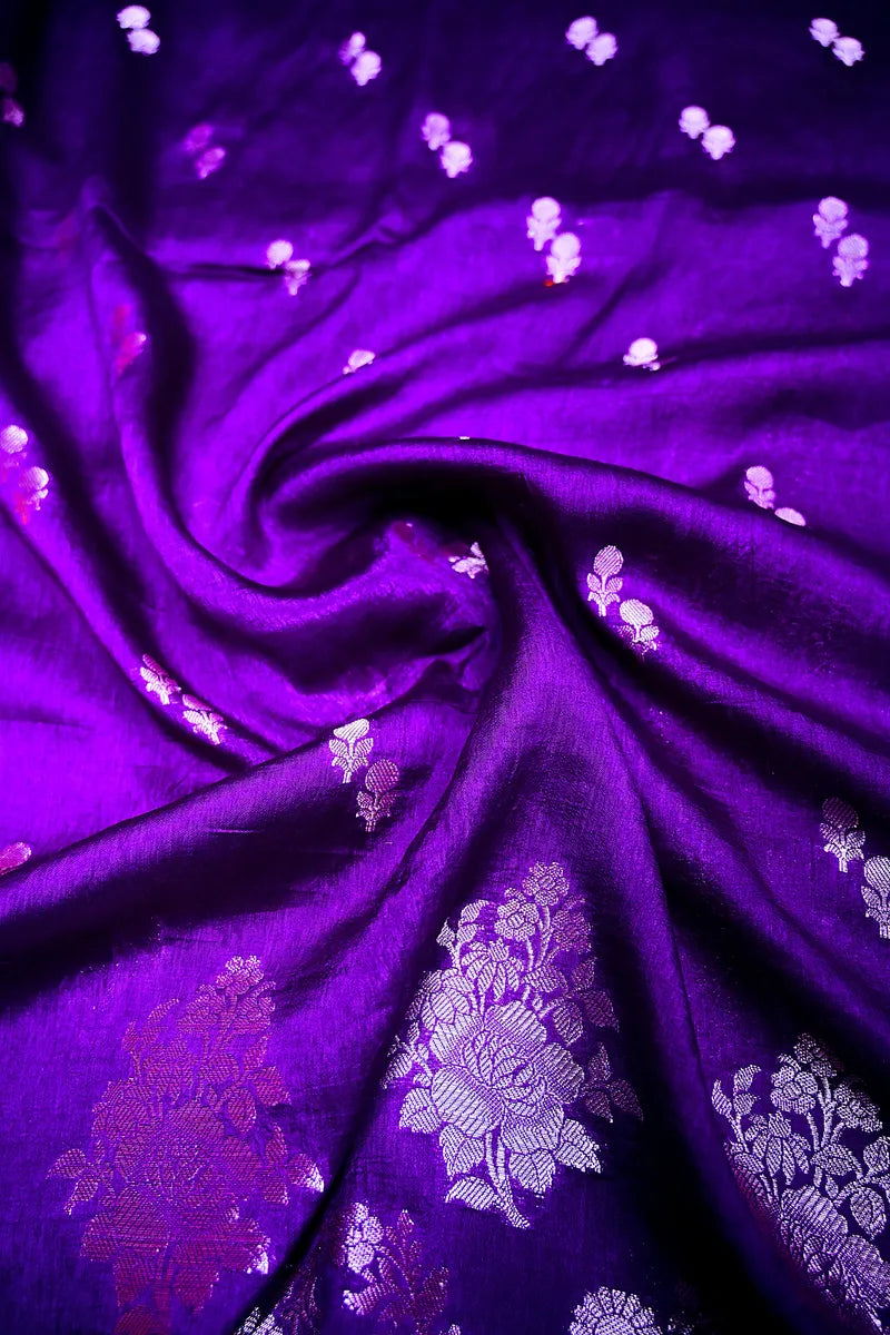 Vibrant Violet Silk Saree featuring Silver Zari Floral Brocade & Woven Border(RLSS-208)