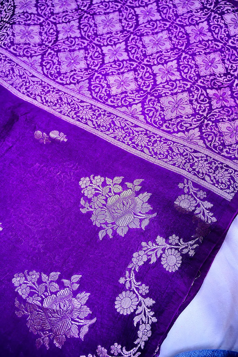 Vibrant Violet Silk Saree featuring Silver Zari Floral Brocade & Woven Border(RLSS-208)