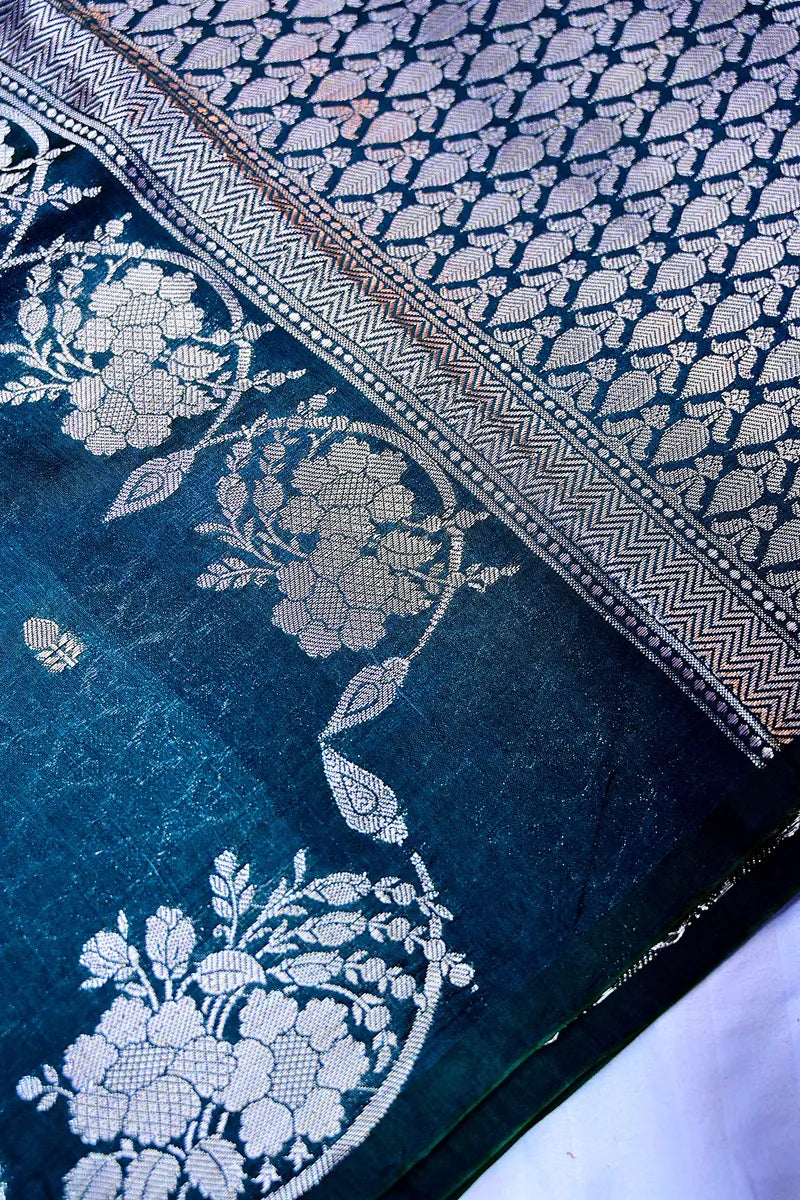 Deep Blue Banarasi Silk Saree with Intricate Silver Zari Floral Motifs(RLSS-213)