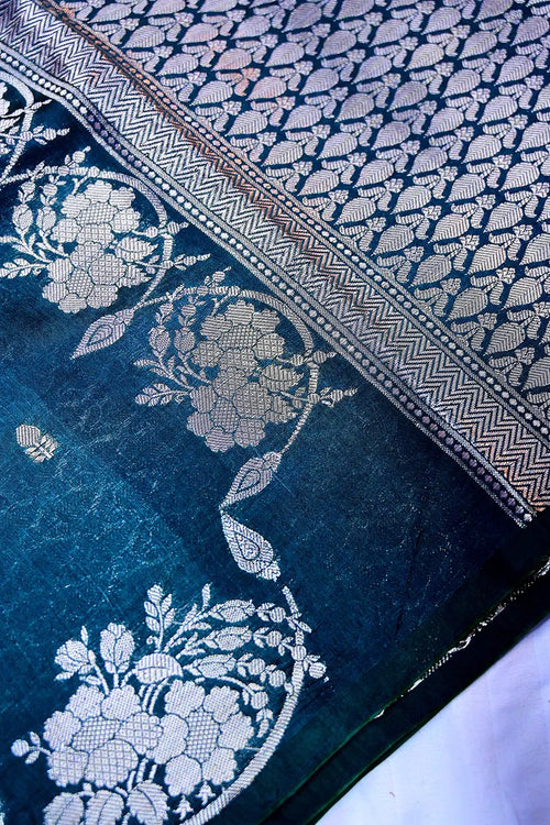 Deep Blue Banarasi Silk Saree with Intricate Silver Zari Floral Motifs(RLSS-213)
