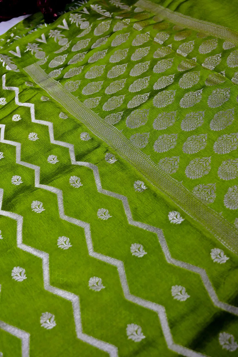 Lime Green Banarasi Silk Saree with Silver Zari Floral & Zig-Zag Weaving(RLSS-187)