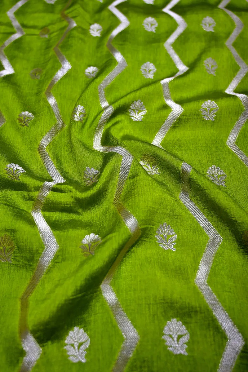 Lime Green Banarasi Silk Saree with Silver Zari Floral & Zig-Zag Weaving(RLSS-187)