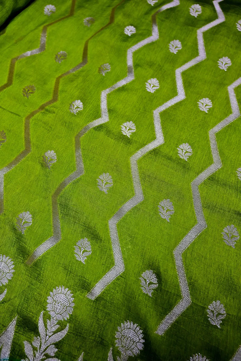 Lime Green Banarasi Silk Saree with Silver Zari Floral & Zig-Zag Weaving(RLSS-187)