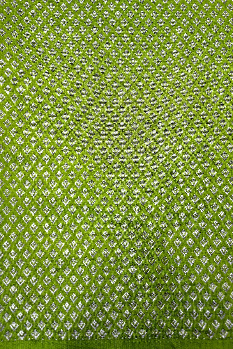 Lime Green Banarasi Silk Saree with Silver Zari Floral & Zig-Zag Weaving(RLSS-187)