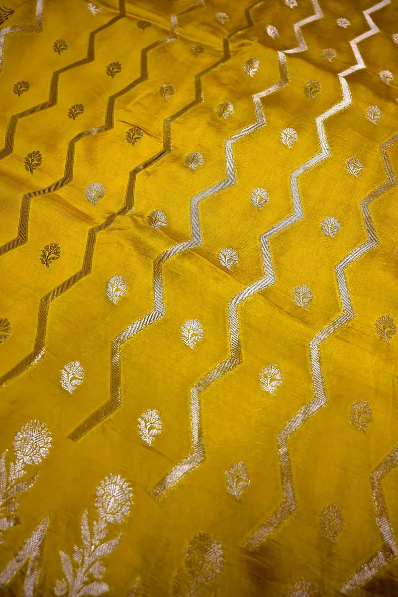 Mustard Yellow Banarasi Silk Saree with Silver Zari Chevron & Floral Weaving(RLSS-189)