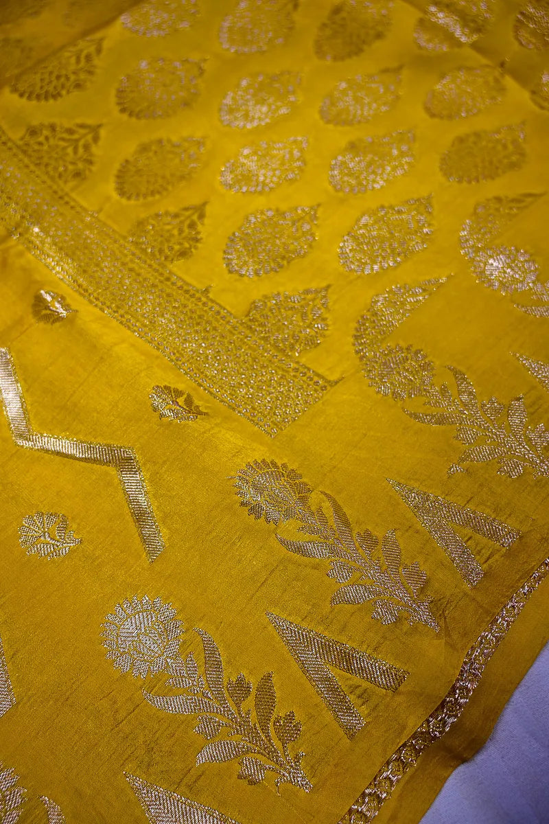 Mustard Yellow Banarasi Silk Saree with Silver Zari Chevron & Floral Weaving(RLSS-189)