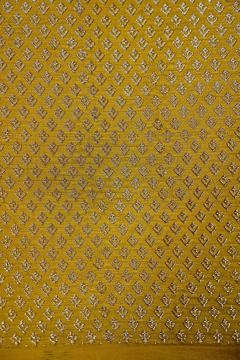 Mustard Yellow Banarasi Silk Saree with Silver Zari Chevron & Floral Weaving(RLSS-189)