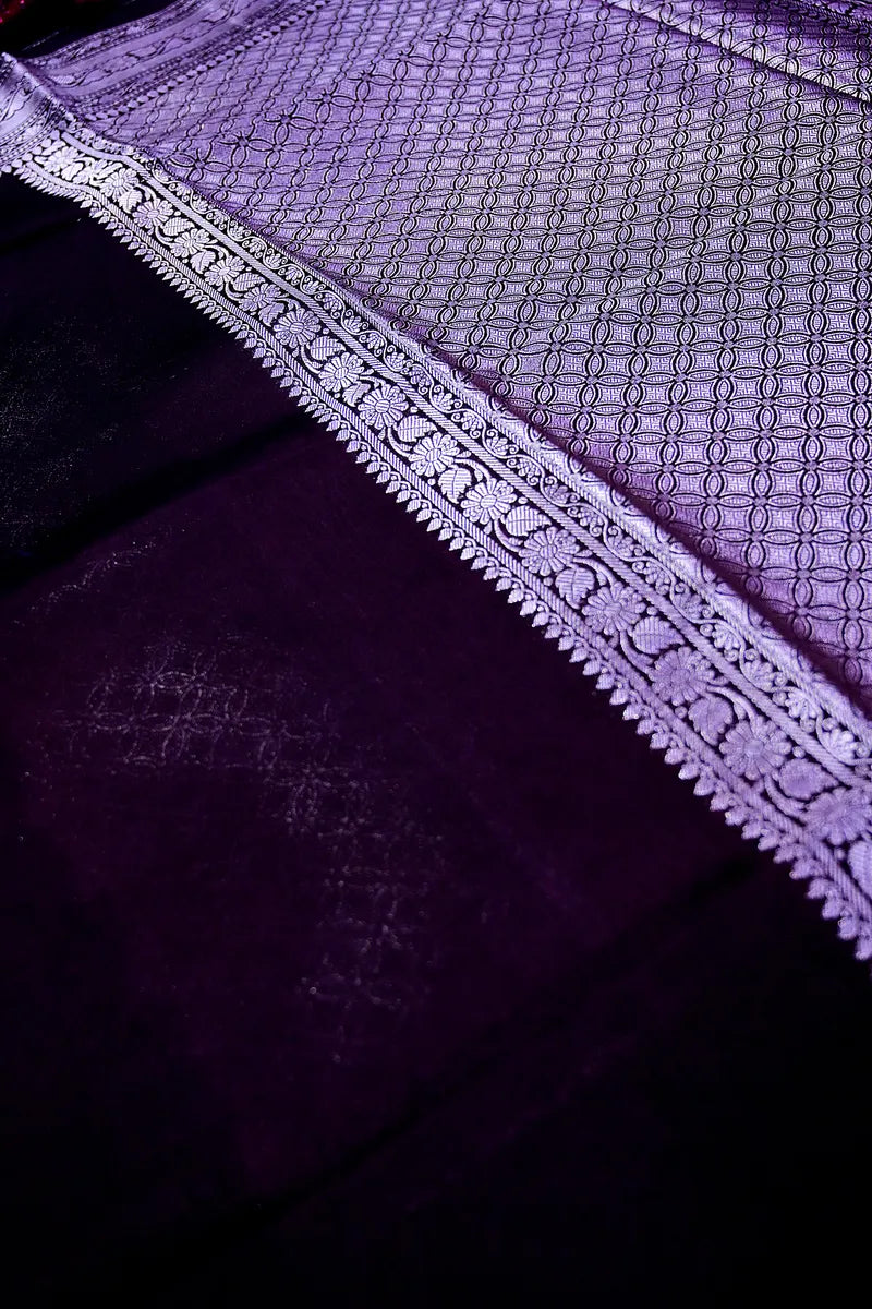 Dark Chocolate Maroon Soft Silk Saree with Ornate Silver Zari Floral Border(RLSS-203)
