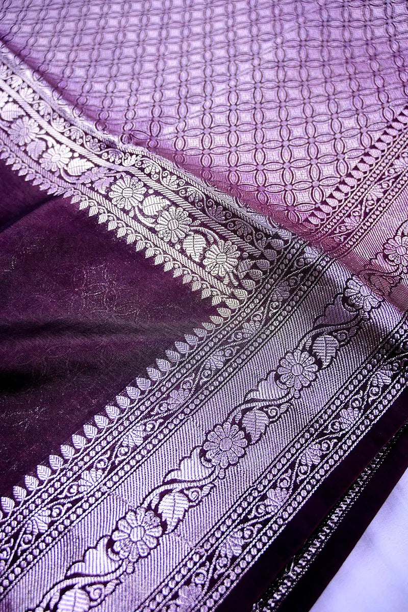 Dark Chocolate Maroon Soft Silk Saree with Ornate Silver Zari Floral Border(RLSS-203)