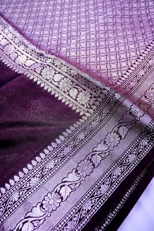 Dark Chocolate Maroon Soft Silk Saree with Ornate Silver Zari Floral Border(RLSS-203)