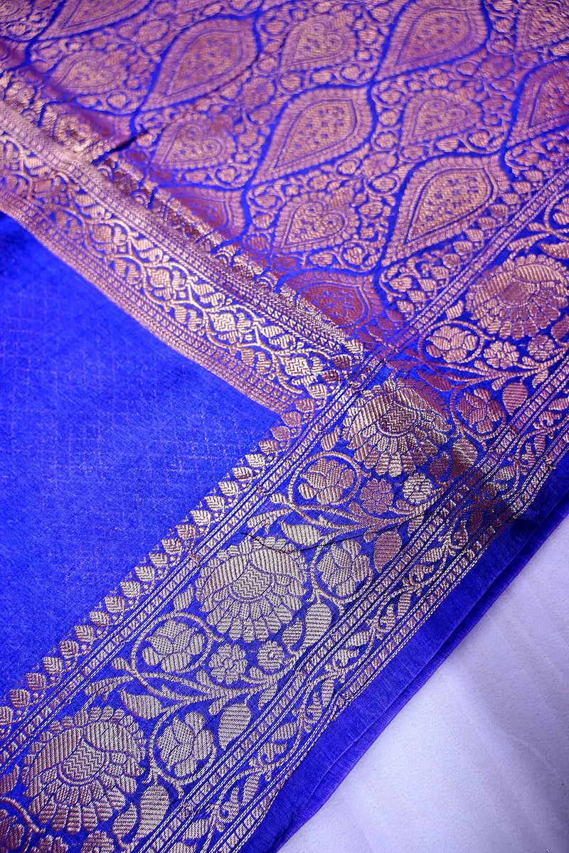 Electric Blue Banarasi Silk Saree with Intricate Silver Zari Floral Border(RLSS-217)