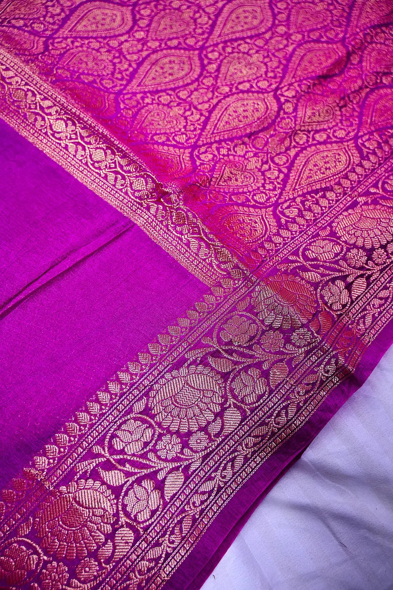 Vibrant Magenta Banarasi Silk Saree with Intricate Silver Zari Floral Border(RLSS-214)