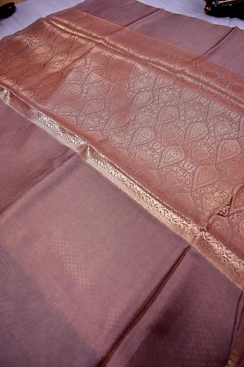 Subtle Mauve Banarasi Silk Saree with Intricate Silver Zari Floral Border(RLSS-215)