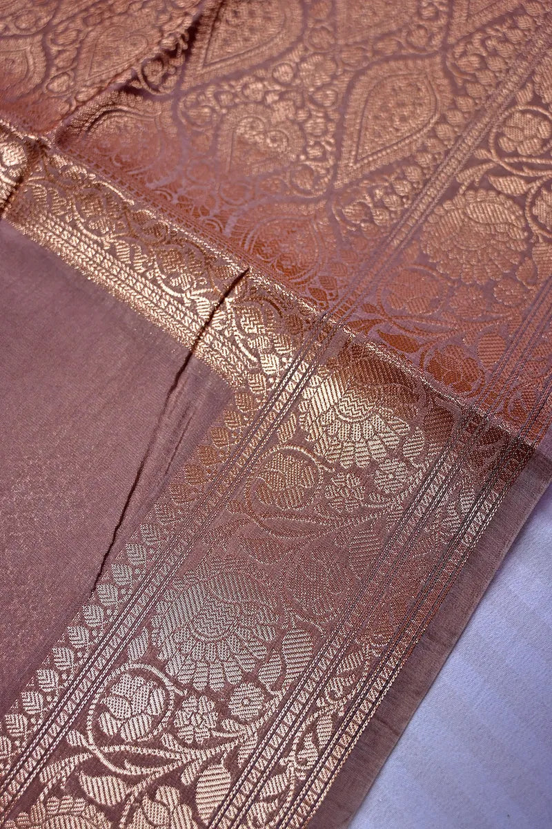 Subtle Mauve Banarasi Silk Saree with Intricate Silver Zari Floral Border(RLSS-215)