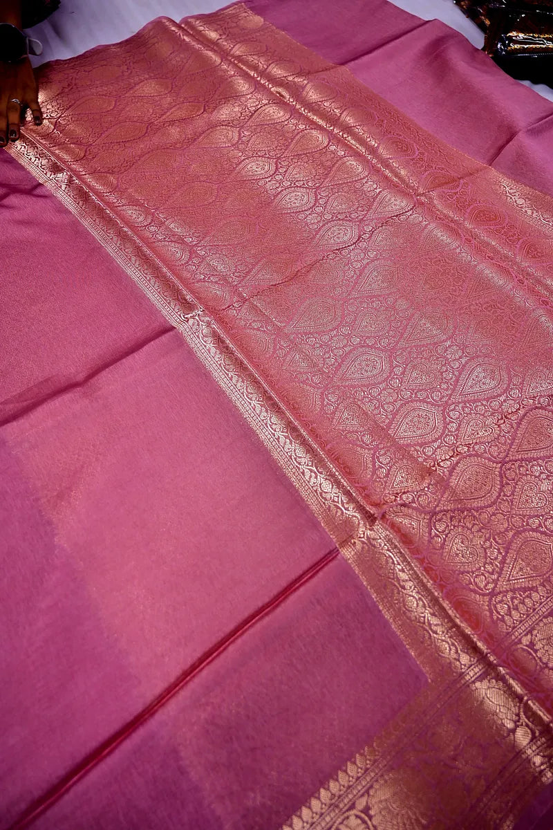 Dusty Pink Banarasi Silk Saree with Intricate Silver Zari Floral Border(RLSS-216)