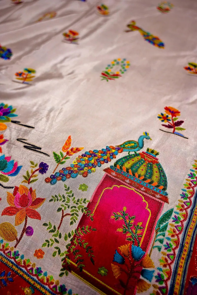 Off-White Banarasi Pashmeena Silk Saree featuring Multicolored Floral Meenakari Weave(RLSS-225)