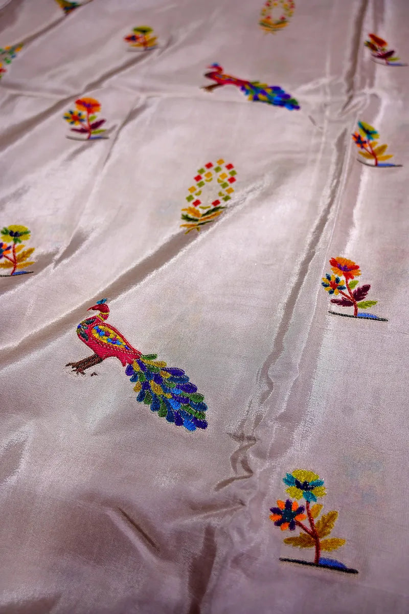 Off-White Banarasi Pashmeena Silk Saree featuring Multicolored Floral Meenakari Weave(RLSS-225)