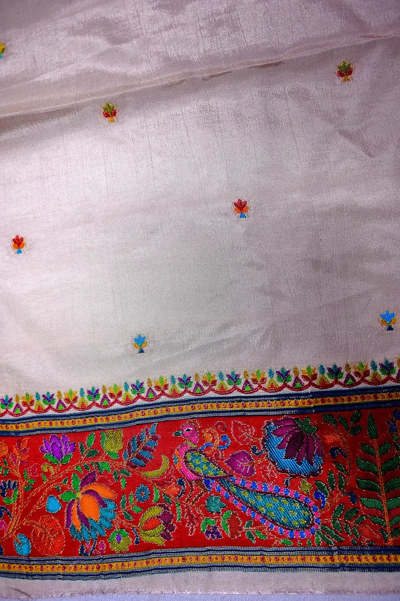 Off-White Banarasi Pashmeena Silk Saree featuring Multicolored Floral Meenakari Weave(RLSS-225)