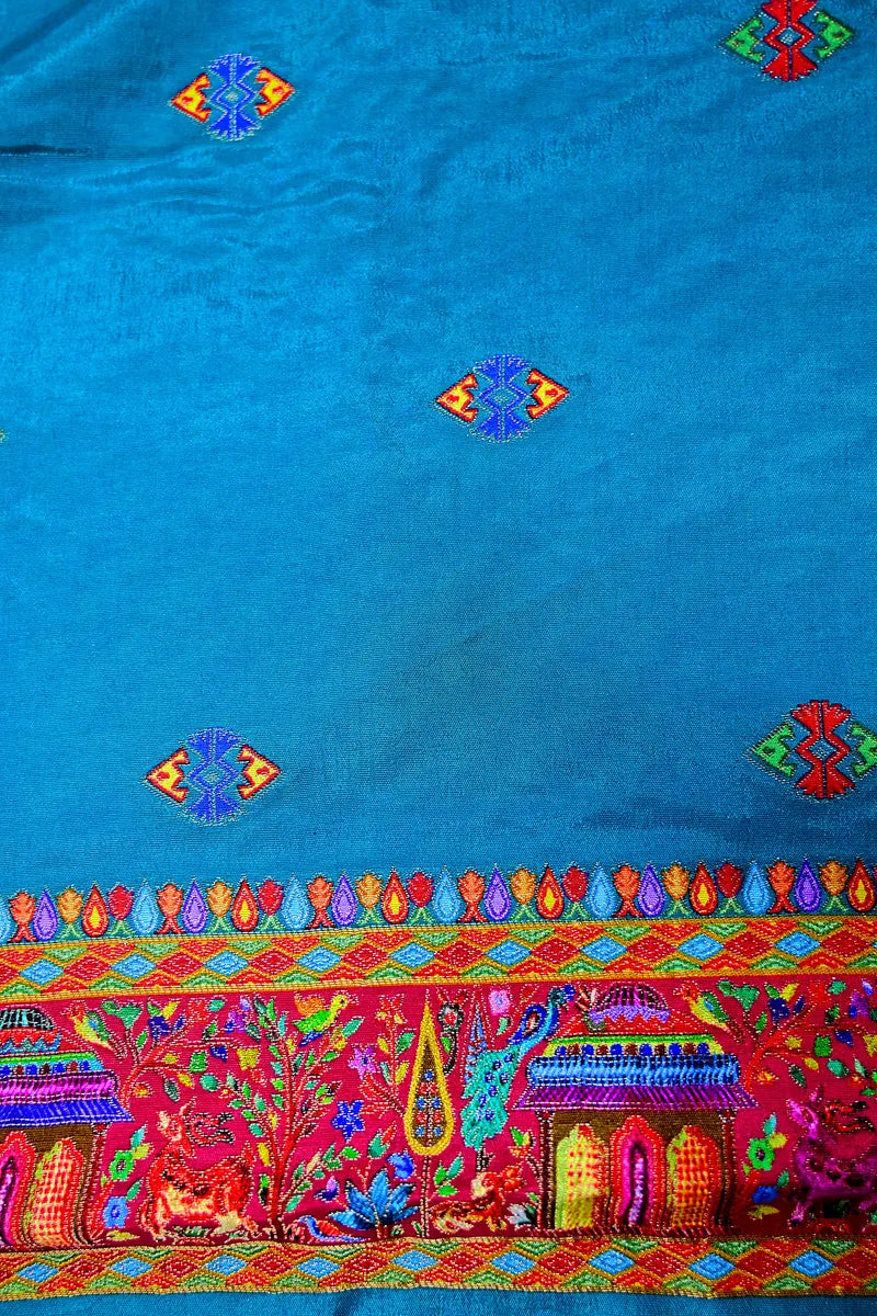 Royal Turquoise Designer Banarasi Pashmeena Silk Saree with Intricate Red Meenakari Tapestry Border(RLSS-227)