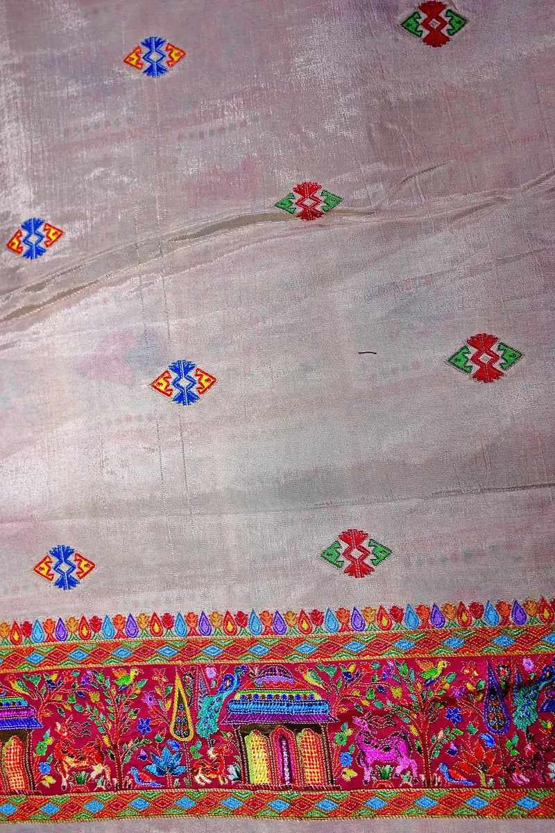 Designer Beige Banarasi Pashmeena Silk Saree with Intricate Floral & Peacock Motifs(RLSS-223)