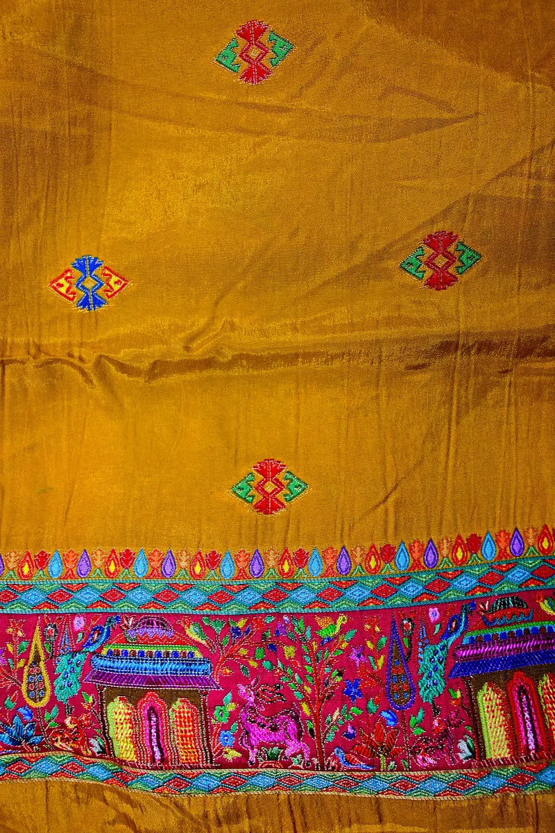 Premium Mustard Yellow Banarasi Pashmeena Silk Saree with Vibrant Multicolor Traditional Weave(RLSS-224)