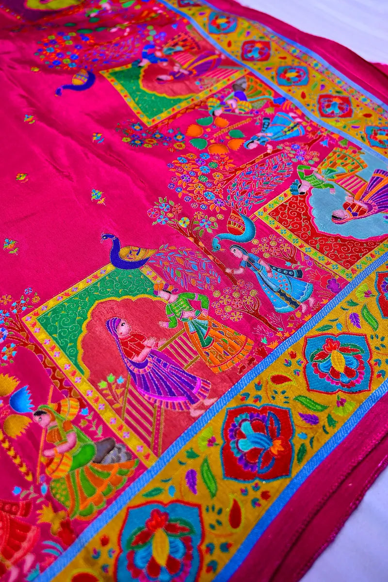 Royal Pink Banarasi Pashmeena Silk Saree with Multicolor Floral & Meenakari Weaving(RLSS-219)