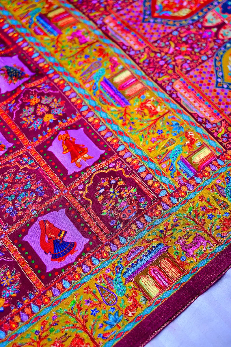 Designer Pink Banarasi Pashmeena Silk Saree with Artistic Floral & Peacock Weaving (RLSS-220)