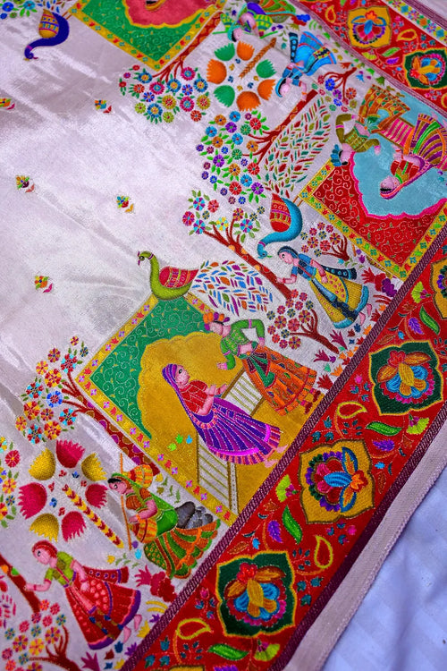 Beige Banarasi Pashmeena Silk Saree with Royal Court & Garden Meenakari Pictorial Weave (RLSS-226)
