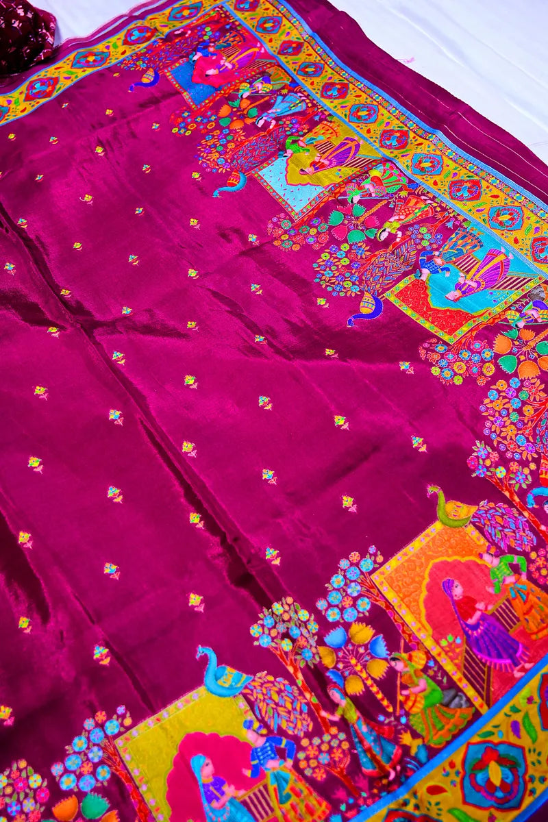 Deep Plum Banarasi Pashmeena Silk Saree with Royal Court & Garden Meenakari Pictorial Weave(RLSS-230)