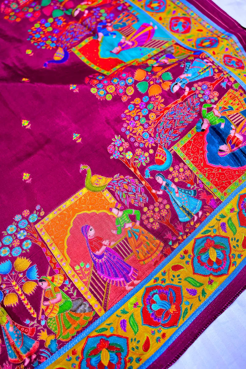 Deep Plum Banarasi Pashmeena Silk Saree with Royal Court & Garden Meenakari Pictorial Weave(RLSS-230)