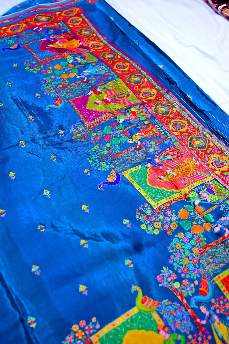 Teal Blue Banarasi Pashmeena Silk Saree with Royal Court & Garden Meenakari Pictorial Weave(RLSS-229)