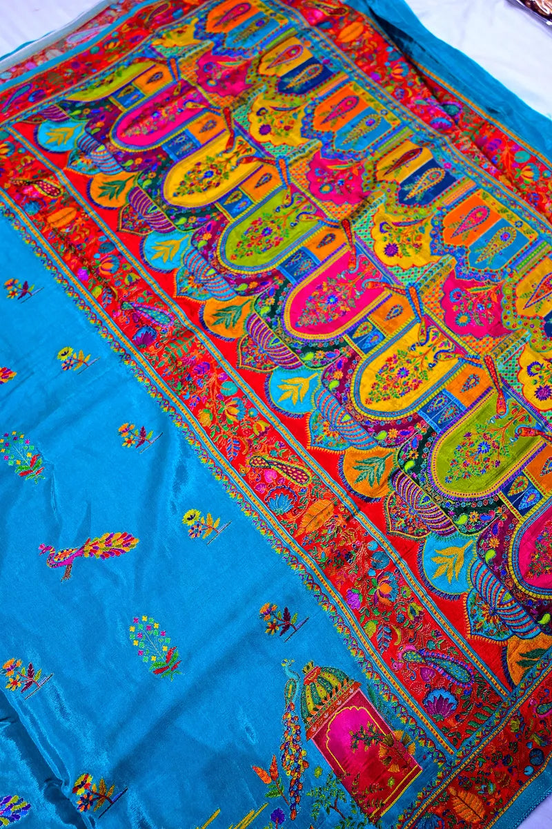Royal Turquoise Designer Banarasi Pashmeena Silk Saree with Intricate Red Meenakari Tapestry Border(RLSS-227)