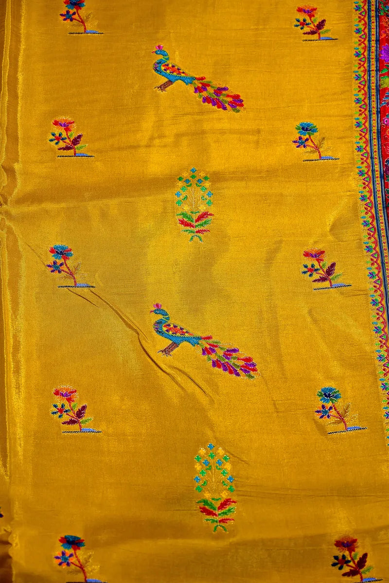 Mustard Yellow Banarasi Pashmeena Silk Saree with Vibrant Meenakari Lotus & Peacock Motifs(RLSS-228)