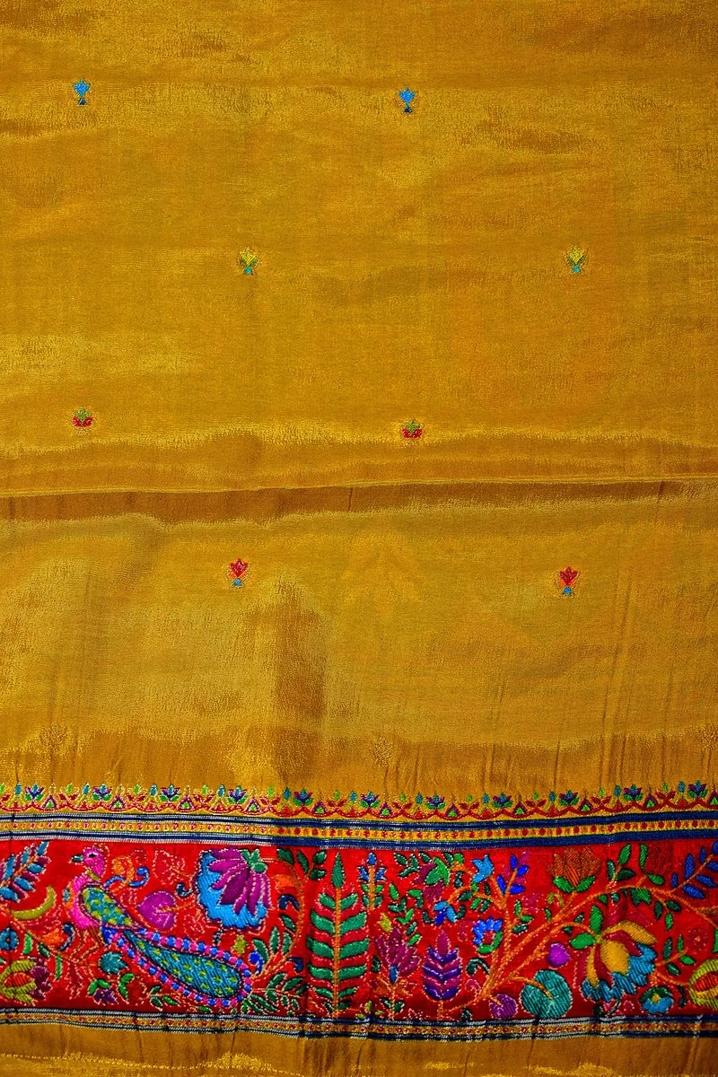 Mustard Yellow Banarasi Pashmeena Silk Saree with Vibrant Meenakari Lotus & Peacock Motifs(RLSS-228)