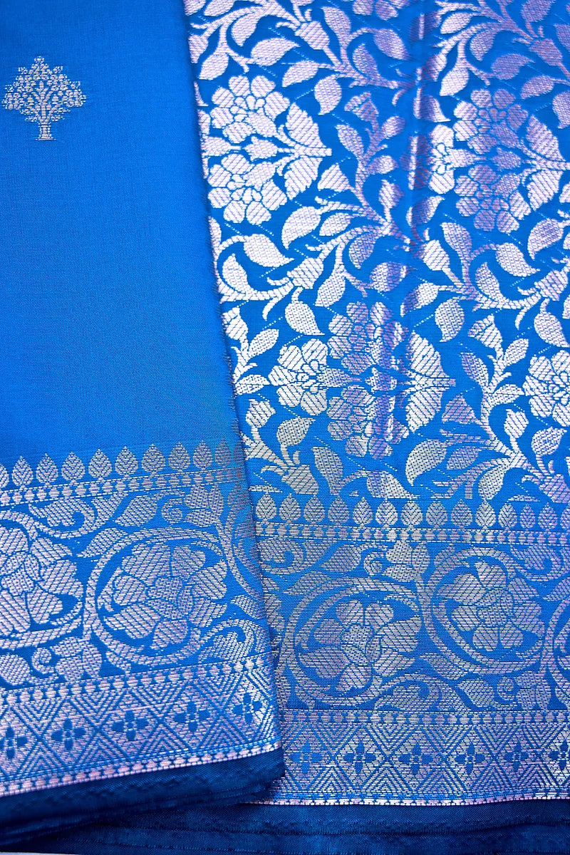 Classic Royal Blue Silk Saree with Fine Silver Zari Weaving Intricate Floral Border(RLSS-165)