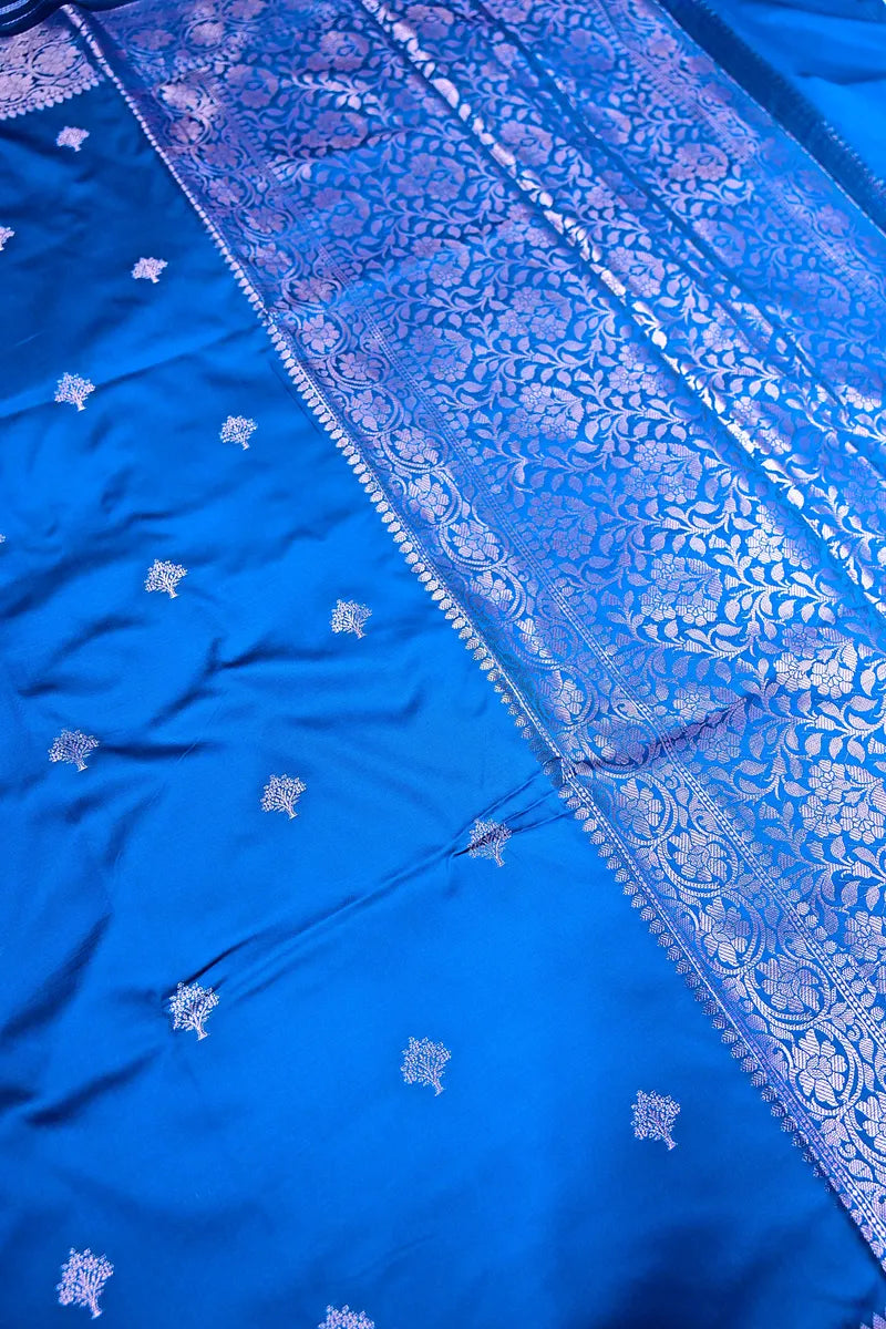 Classic Royal Blue Silk Saree with Fine Silver Zari Weaving Intricate Floral Border(RLSS-165)