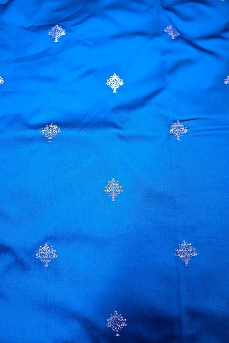 Classic Royal Blue Silk Saree with Fine Silver Zari Weaving Intricate Floral Border(RLSS-165)