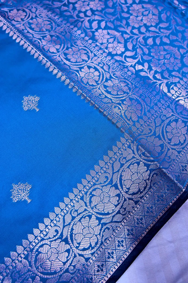 Classic Royal Blue Silk Saree with Fine Silver Zari Weaving Intricate Floral Border(RLSS-165)