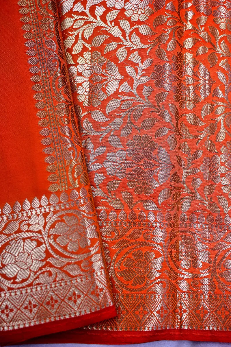 Vibrant Tangerine Orange Silk Saree with Fine Silver Zari Weaving & Royal Border (RLSS-166)